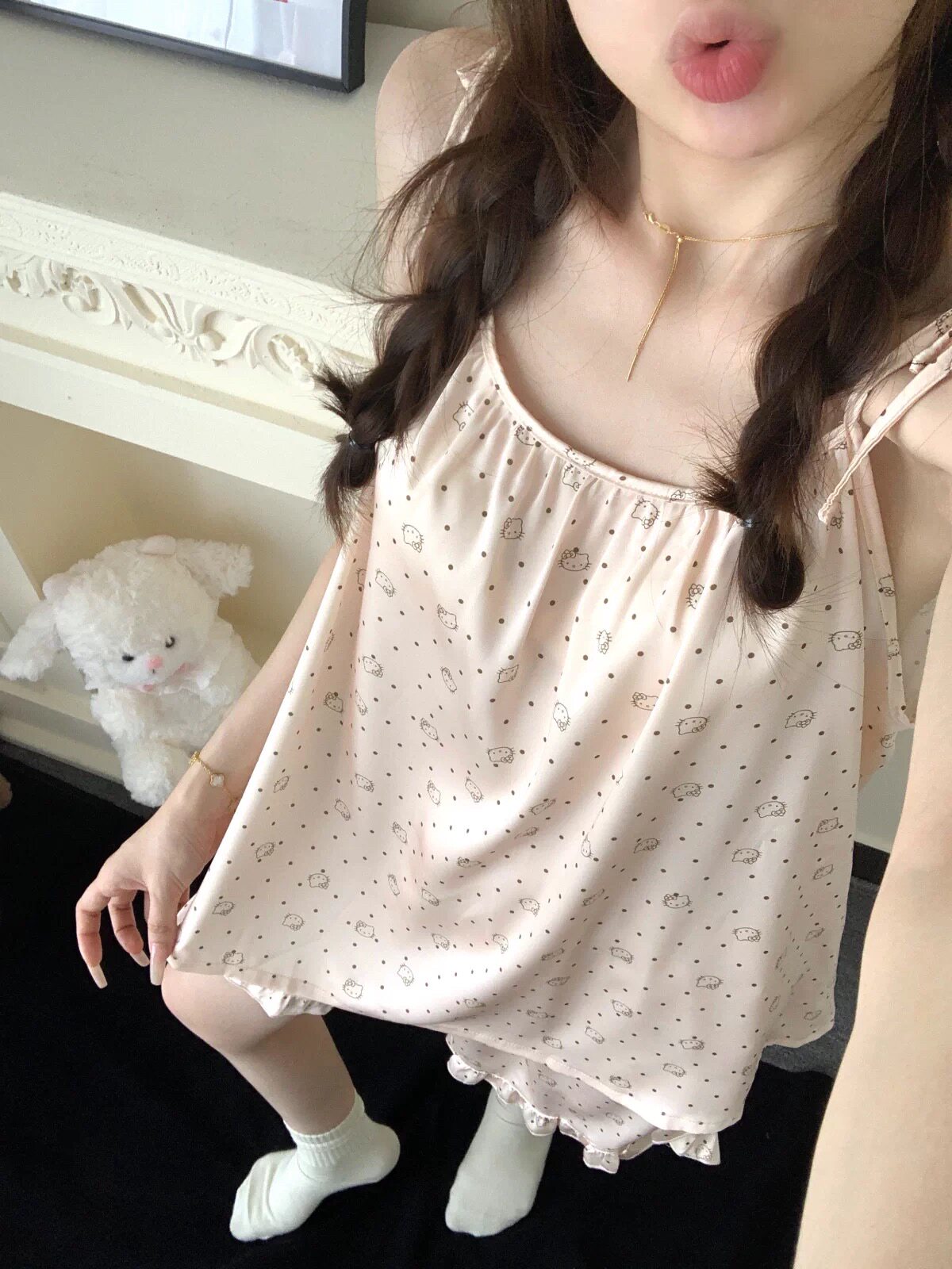 Kitty猫夏季冰丝吊带睡衣套装