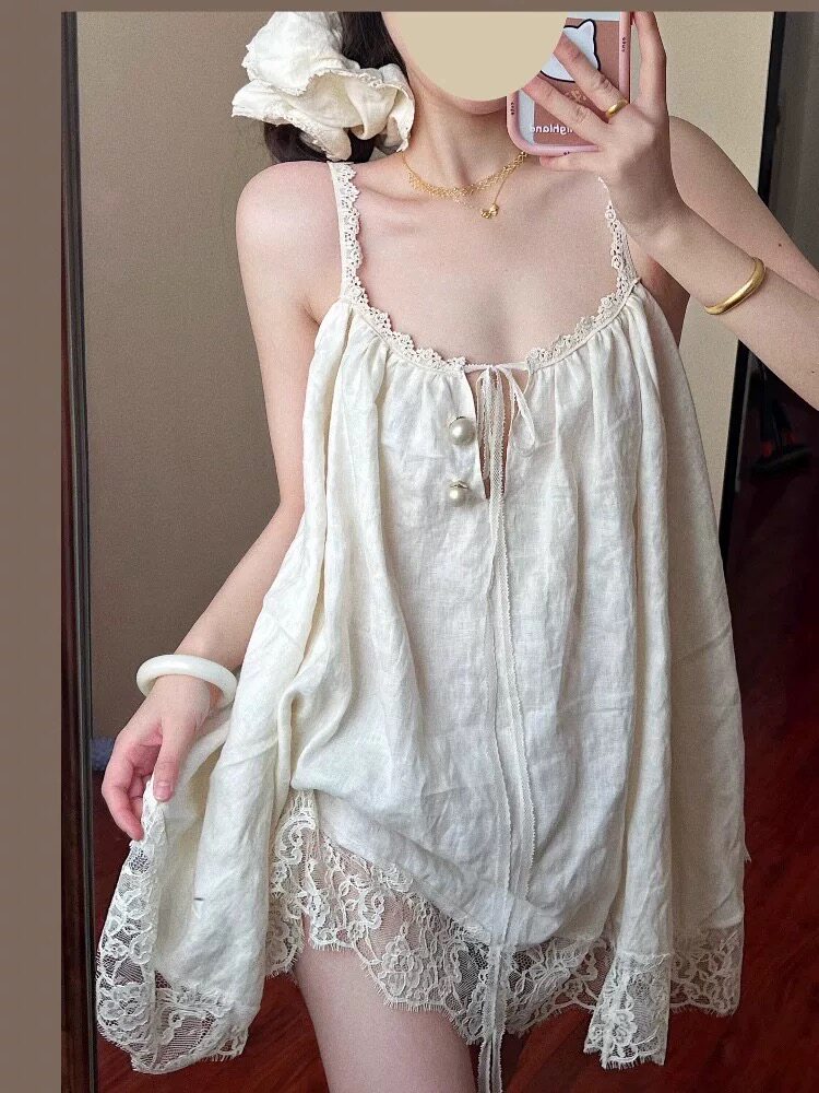 法式小香风蕾丝花边纯棉睡衣女款吊带夏2026新款家居服睡裙中长款