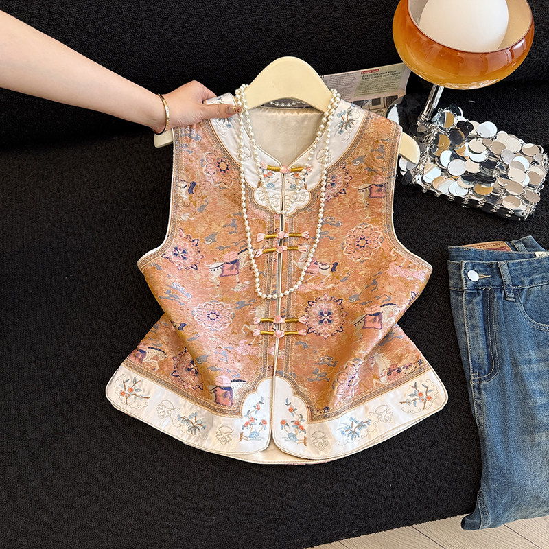 重工刺绣新中式国风超好看独特漂亮马甲圆领盘扣对襟撞色拼接背心,女装/女士精品,马夹,淘宝优惠券,粉丝福利购,淘宝优惠卷