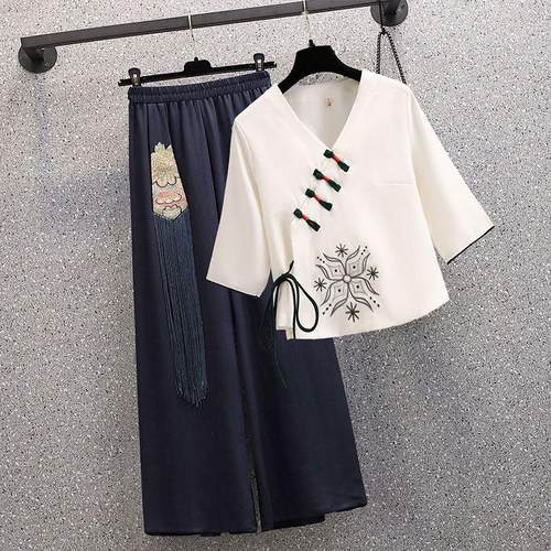 胖mm300斤大码中国风新中式盘扣唐装旗袍上衣+改良简约裤子套装潮