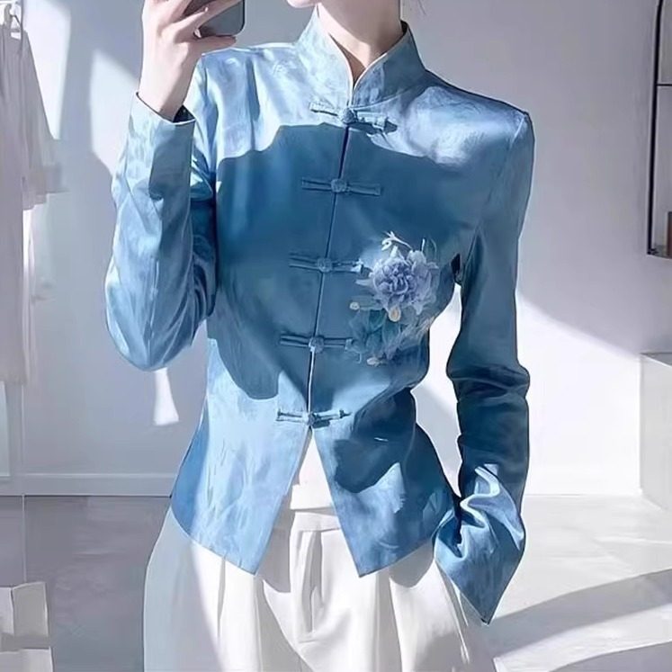 蓝色衬衫女装2025年春季新款爆款新中式国风盘扣漂亮收腰旗袍上衣,女装/女士精品,上衣,淘宝优惠券,粉丝福利购,淘宝优惠卷