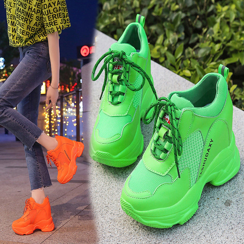 欧美潮老爹鞋女ins2019夏超火厚底内增高运动鞋超高跟11cm荧光绿