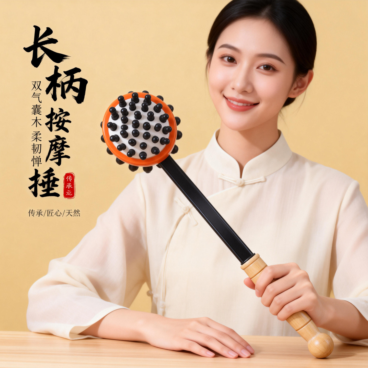 草木芝手持按摩锤经络棒捶肩背部养生拍打全身实木多功能保健穴位