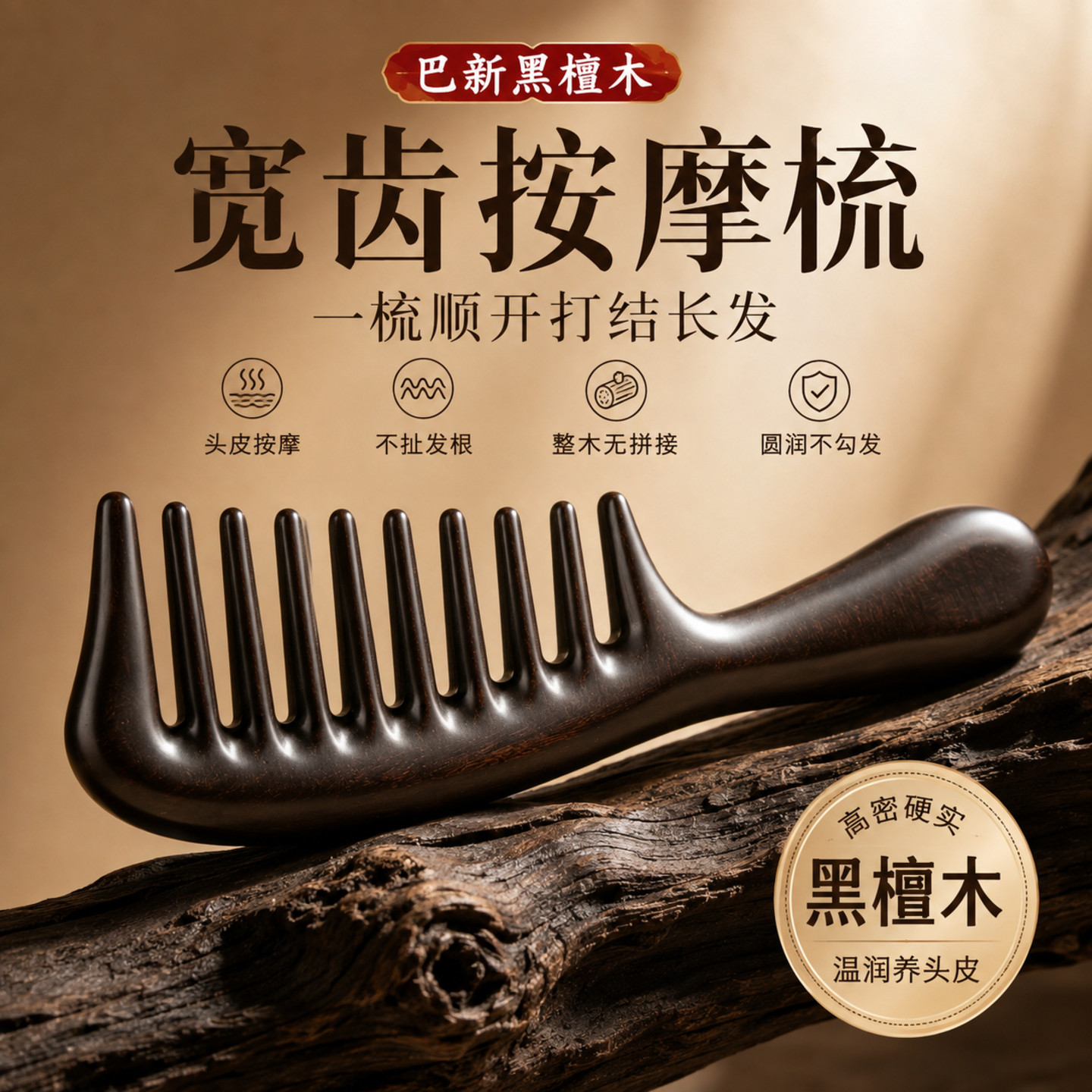 黑檀木宽齿按摩梳不易静电顺发