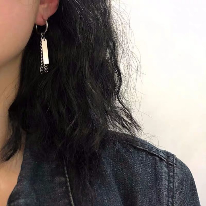 欧韩嘻哈hiphop长款链条方片个性耳钉ins冷淡风网红耳环耳饰男女