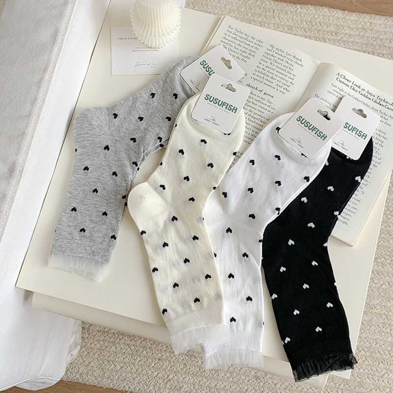 蕾丝花边袜子女2025春夏薄款中筒袜爱心图案无骨堆堆袜女韩系袜子