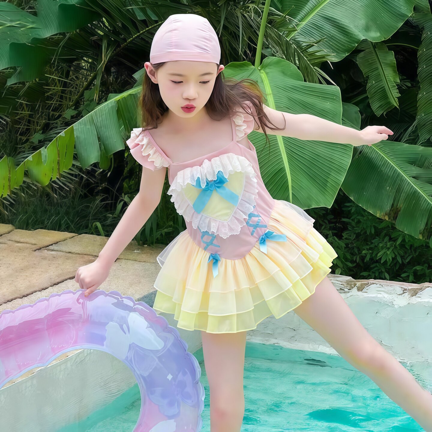 女童泳衣2026夏季新款儿童粉色甜美连体泳服女孩速干蕾丝泳装裙子