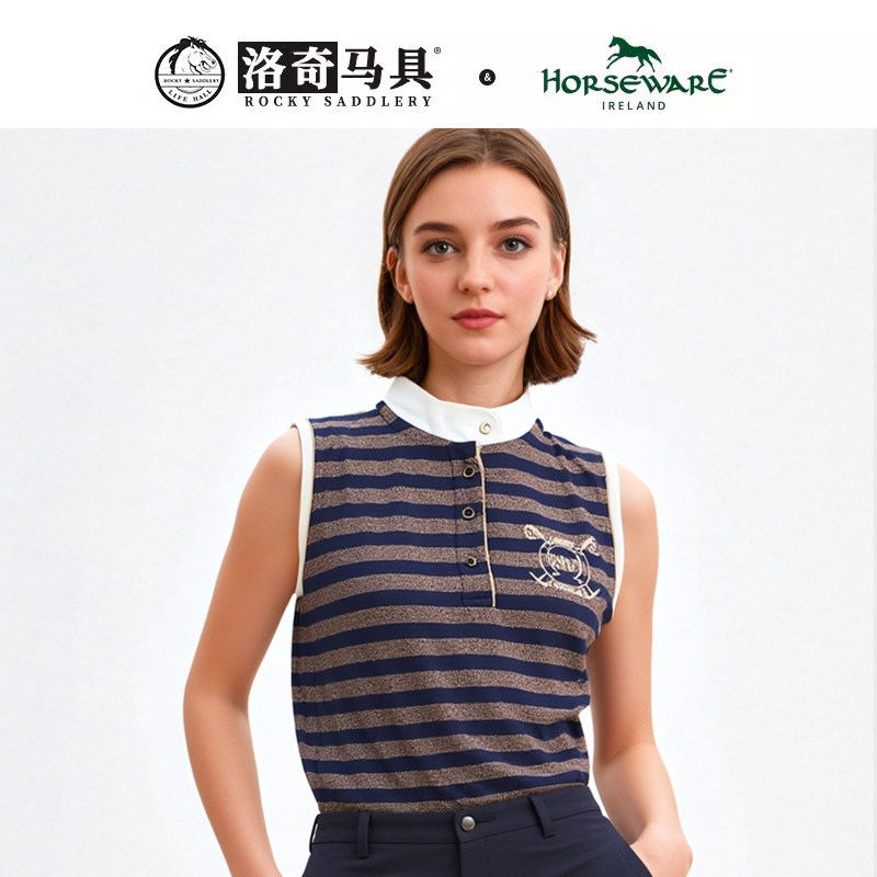 HW女款藏青金色条立领无袖衫 骑士服装
