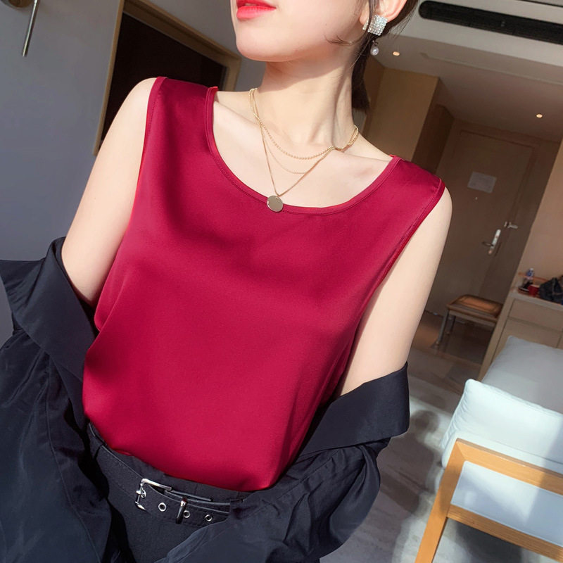 法式仿真丝吊带背心女圆领打底配西装丝滑质感缎面垂感夏外穿大码
