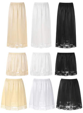 夏女加大码underskirt缎面内衬裙蕾丝中长半身裙A字打底短裙5090