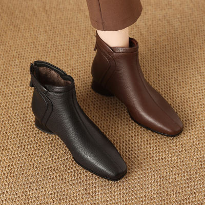 短靴低跟真皮2025秋冬季新款小方头粗跟中年短筒靴加绒单靴1863-7