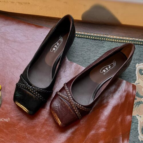 复古真皮浅口玛丽珍软底奶奶鞋