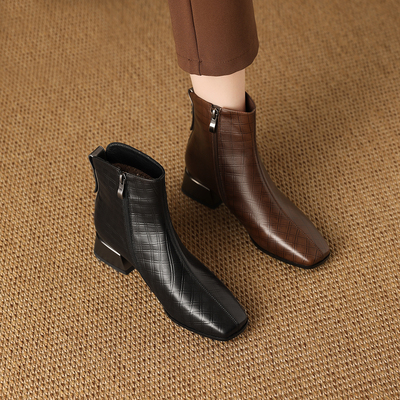 秋冬季加绒保暖短靴2025新款中跟真皮牛皮短筒靴粗跟方头靴1802-5