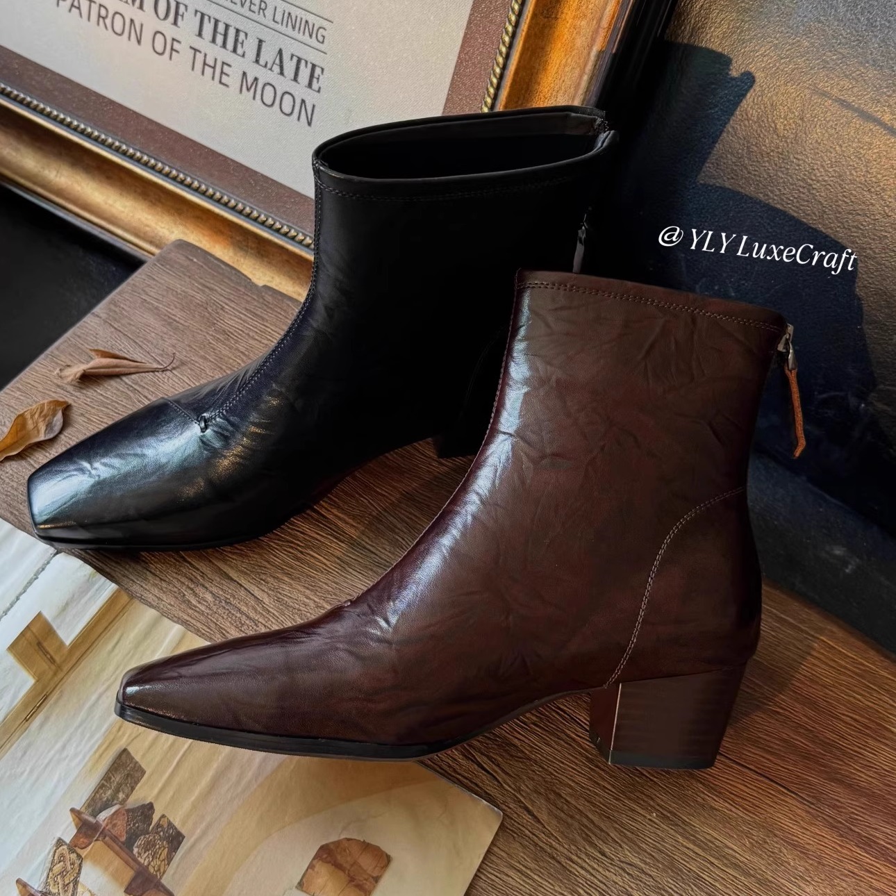 中跟靴子后拉链时尚方头切尔西