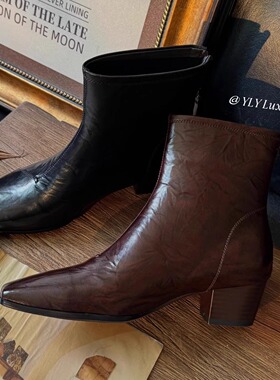 2066-2短靴女2025冬新款粗跟中跟靴子真皮复古时尚方头切尔西大码