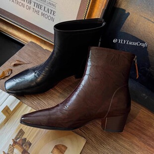 方头切尔西大码 粗跟中跟靴子真皮复古时尚 2短靴女2025冬新款 2066