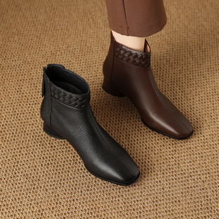 2025秋冬真皮女短靴低跟小方头踝靴保暖短筒靴中年妈妈单靴H158-7