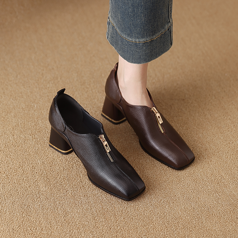 单鞋女2025春季新款粗跟高跟鞋法式复古大码女鞋真皮小皮鞋1911-3