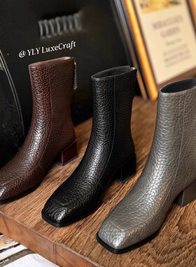 2668-5596方头灰色中跟中筒靴女荔枝纹复古百搭加绒靴子秋冬新款