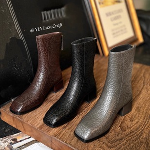 2668-5596方头灰色中跟中筒靴女荔枝纹复古百搭加绒靴子秋冬新款