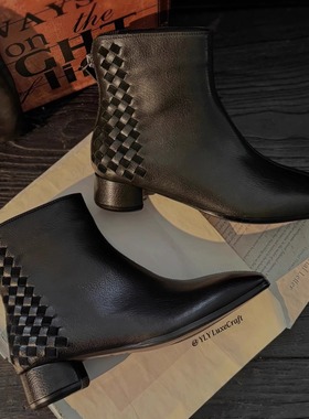 H158-270手工编织墨绿粗跟时装靴百搭低跟短靴女秋冬新款大码女鞋