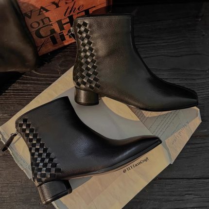 H158-270手工编织墨绿粗跟时装靴百搭低跟短靴女秋冬新款大码女鞋