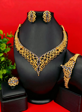 欧美时尚潮流女金色合金水晶项链四件套首饰婚庆晚宴聚会演出配饰