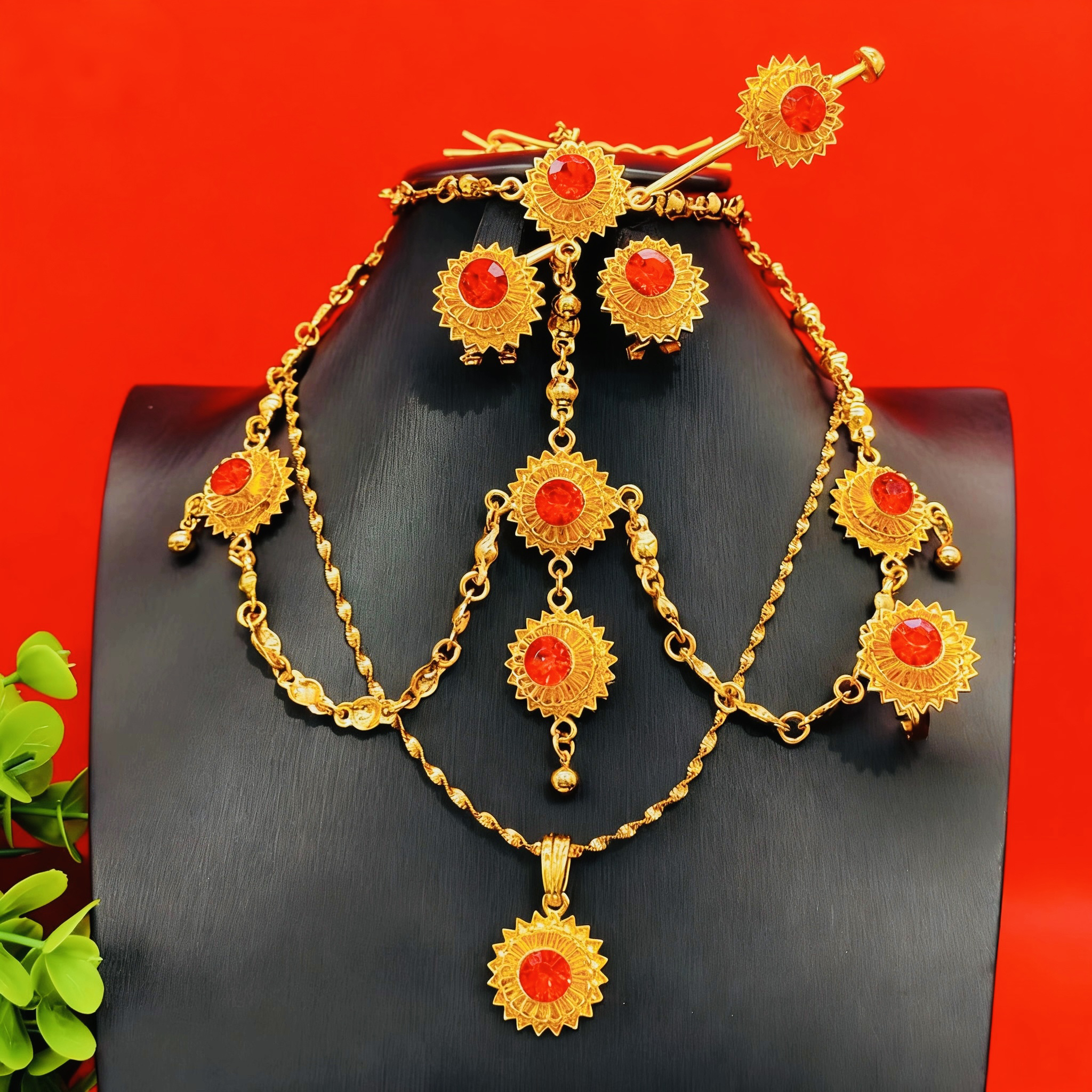 印度传统金色四件套首饰项链+耳环+戒指+手链民族风复古奢华配饰