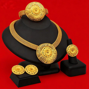 24K迪拜金饰品新娘项链手链耳环戒指四件套非洲女士流行首饰套装