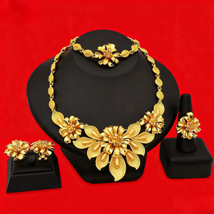 迪拜金饰品印度花朵新娘首饰套装沙特女士项链手链耳环戒指四件套