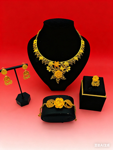 24K迪拜金饰品新娘项链手链耳环戒指四件套非洲女士首饰套装批发