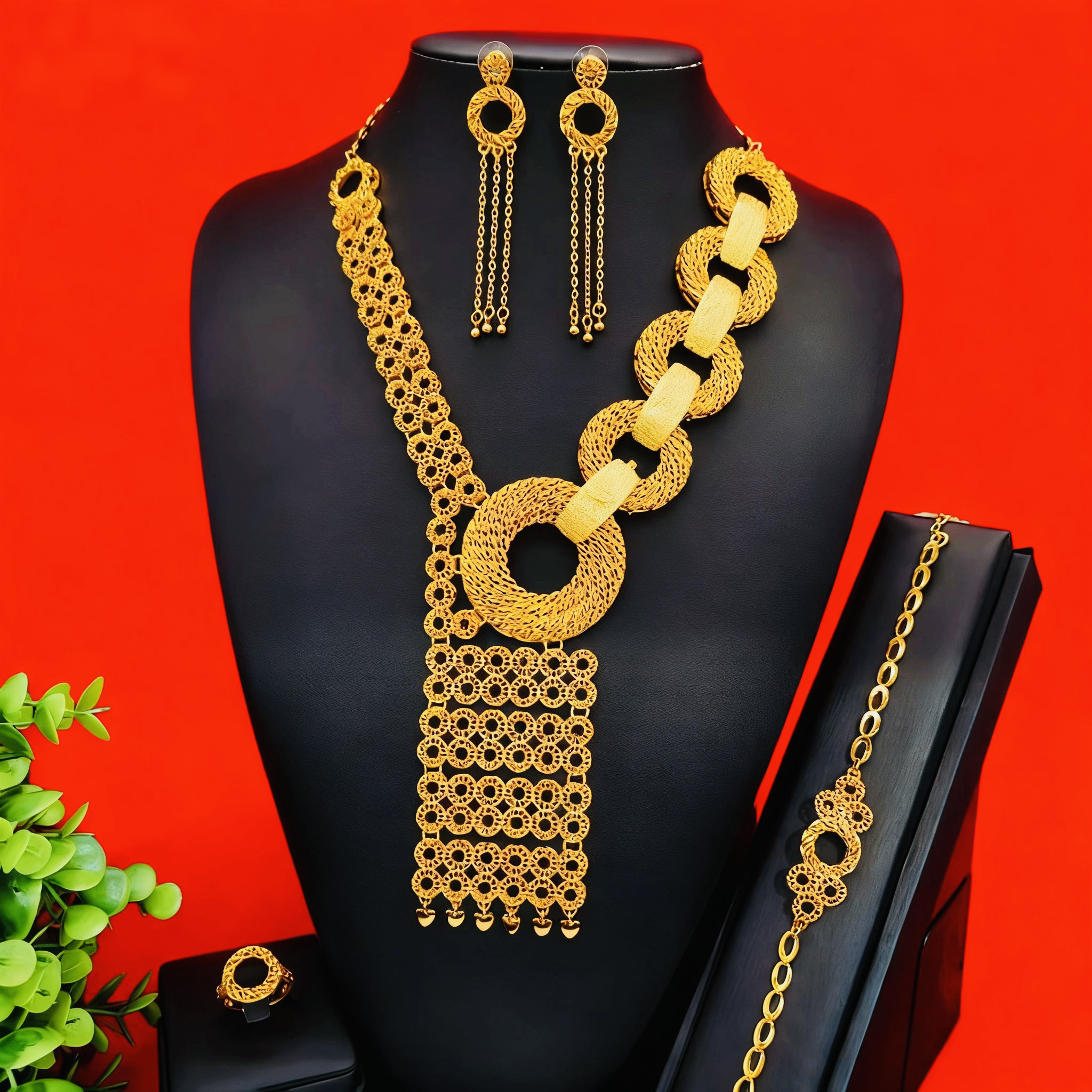 结婚项链四件套项链+耳环+手链+戒指欧美女长款百搭时尚潮流配饰