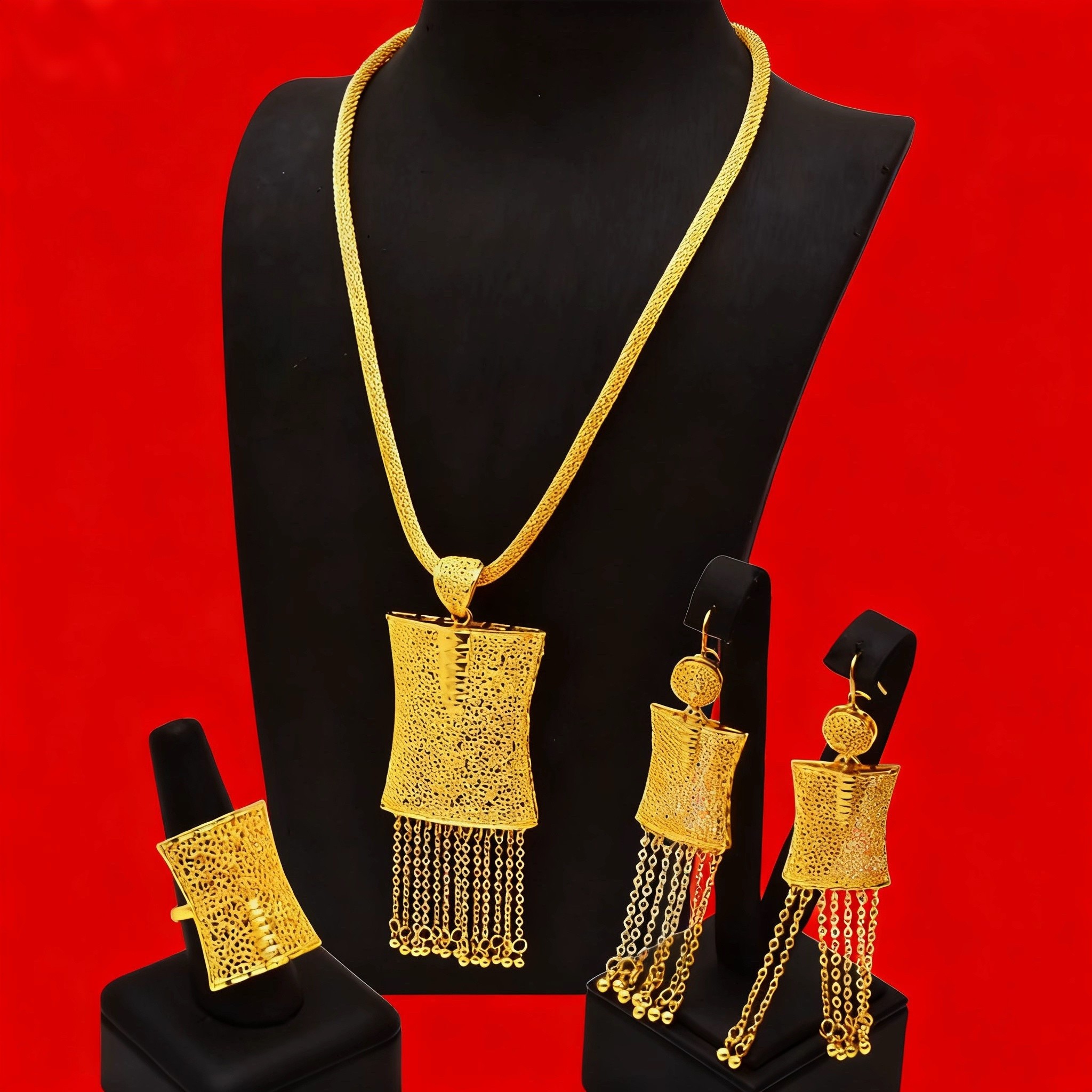 欧美首饰套装镂空吊坠流苏耳环戒指三件套新娘结婚礼物 婚庆饰品