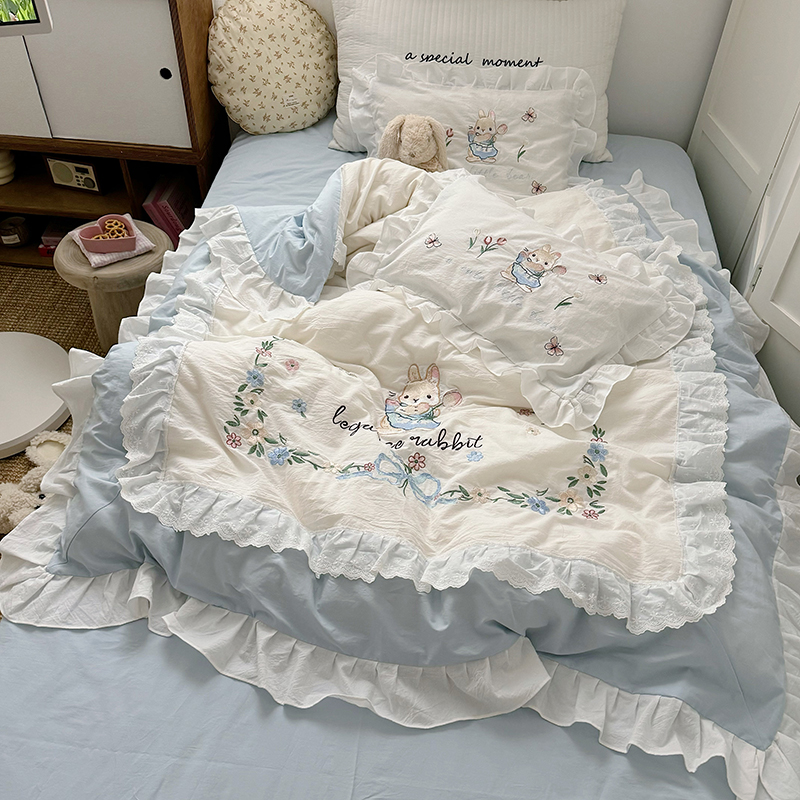 ins韩式花边全棉被套单件 女宝床品三/四件套 纯棉A类色织水洗棉