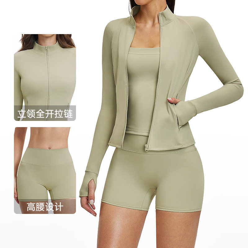 外贸欧美风女士瑜伽运动套装立领拉链防风健身服跑步运动三件套