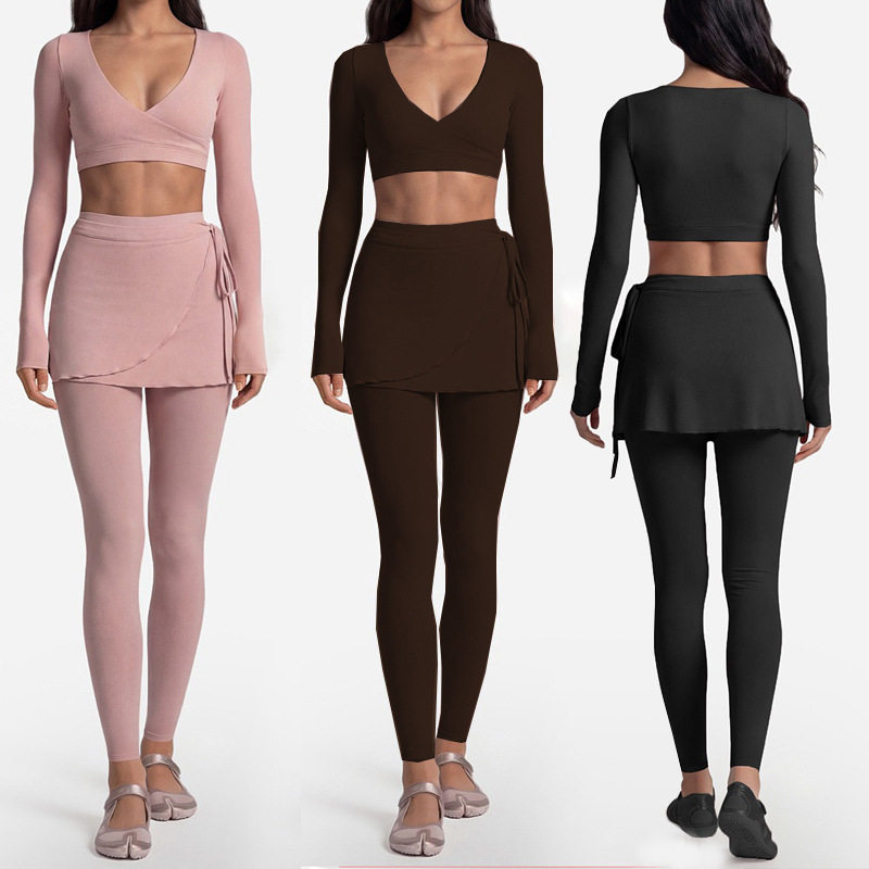 外贸瑜伽套装女绑带式长袖罩衫芭蕾风裙摆速干高提臀运动健身长裤