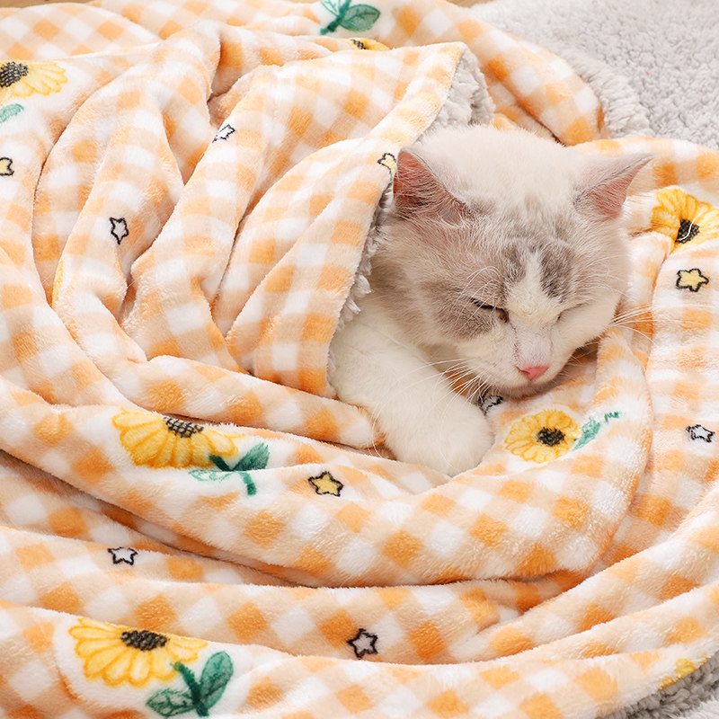 冬季猫咪防着凉保暖双层羊羔绒毛毯猫猫高颜值橘色向日葵狗窝窝垫
