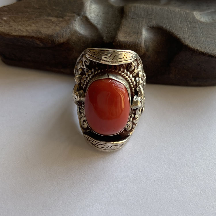 西藏蒙古民族风镶红宝石男个性粗犷霸气纯银戒指开口尼泊尔手工