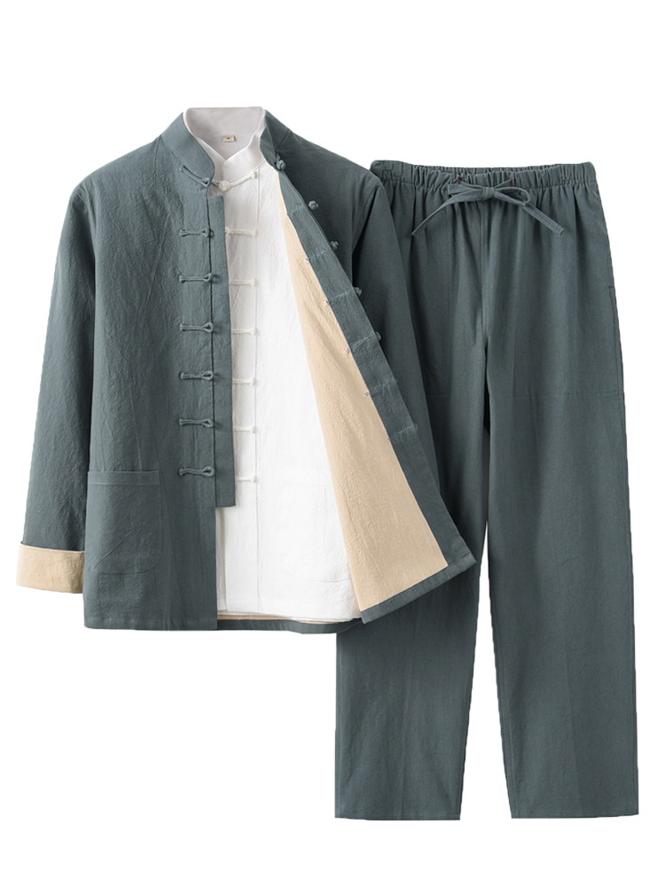 TANG MENS COTTON AND LINEN LONG-SLEEVED THREE-PIECE CHINESE STYLE MENS AUTUMN AND WINTER COAT ZEN RESTORATION ANCIENT MONK CLOTHES