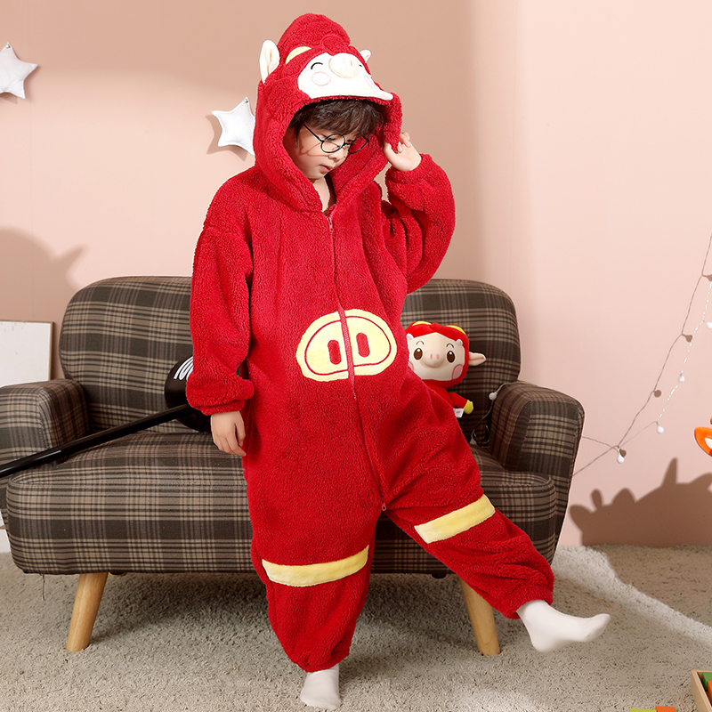 猪猪侠连体儿童睡衣珊瑚绒秋冬季男童加厚款红色男女孩法兰绒睡袋