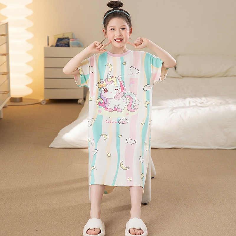 彩虹马儿童睡衣女孩睡裙夏季女童短袖薄款纯棉公主小马宝莉家居服