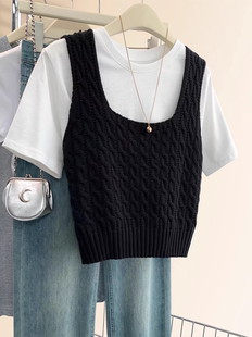 黑色坎肩针织吊带背心女夏新款麻花叠穿毛衣马甲短款无袖上衣春秋