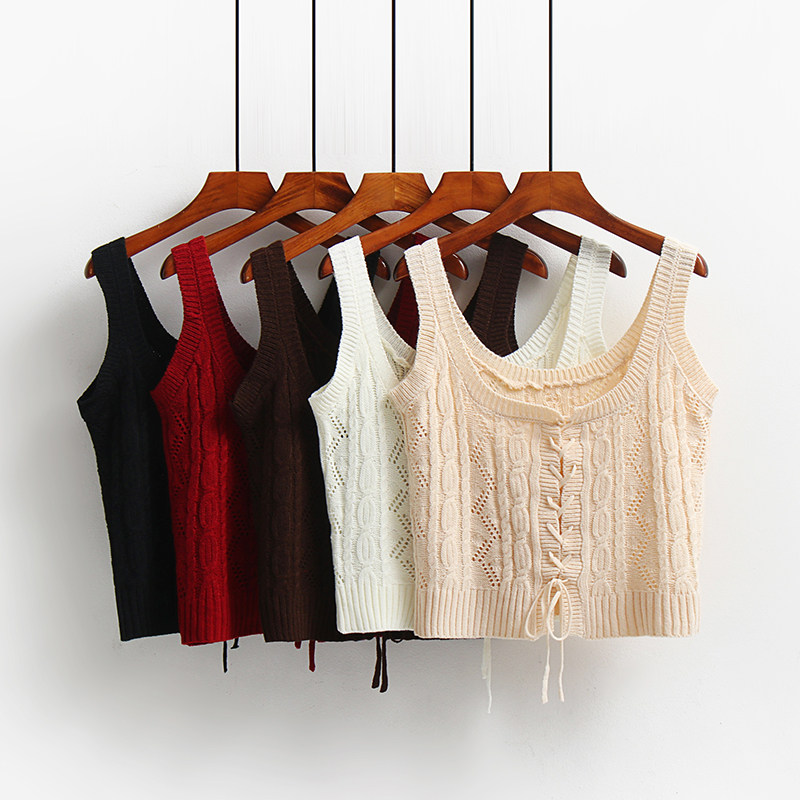 系带马甲背心女春秋甜美外搭减龄短款收腰百搭麻花无袖针织衫上衣
