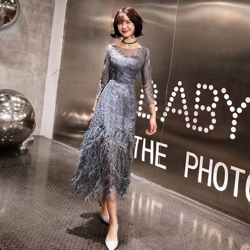 洋装晚礼服女2023新款宴会羽毛派对年会亮片主持人礼服平日可穿