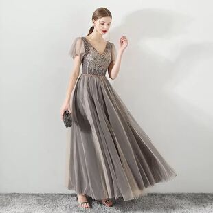 伴娘服2019新款主持人结婚晚宴年会礼服小洋装短袖女长裙名媛黑色