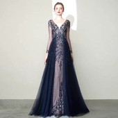 特价 宴会蓝色晚礼服裙女重工奢华高端主持演出敬酒服走秀 2023新款