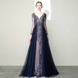 特价 宴会蓝色晚礼服裙女重工奢华高端主持演出敬酒服走秀 2023新款