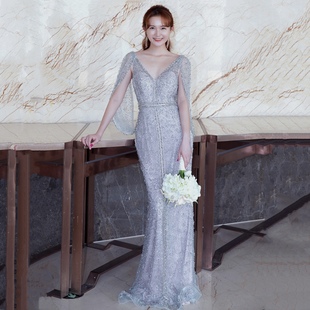 高端奢华重工晚礼服女2023新款 女王鱼尾性感深v宴会新娘敬酒服