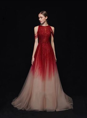 特价2021新款酒红色晚礼服主持新娘订婚时尚气质优雅宴会演出婚礼
