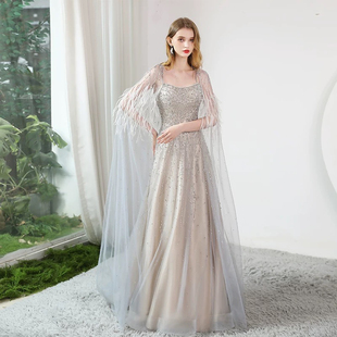 2025新款礼服高端宴会气质显瘦主持年会仙气艺考演奏晚装羽毛披肩